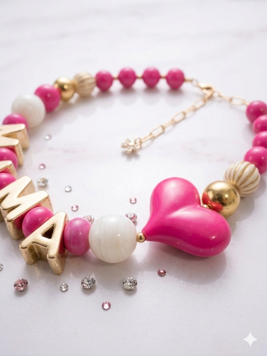Collar Bolas Laminadas, Letras 3D y Corazón Fucsia. - Imagen 2