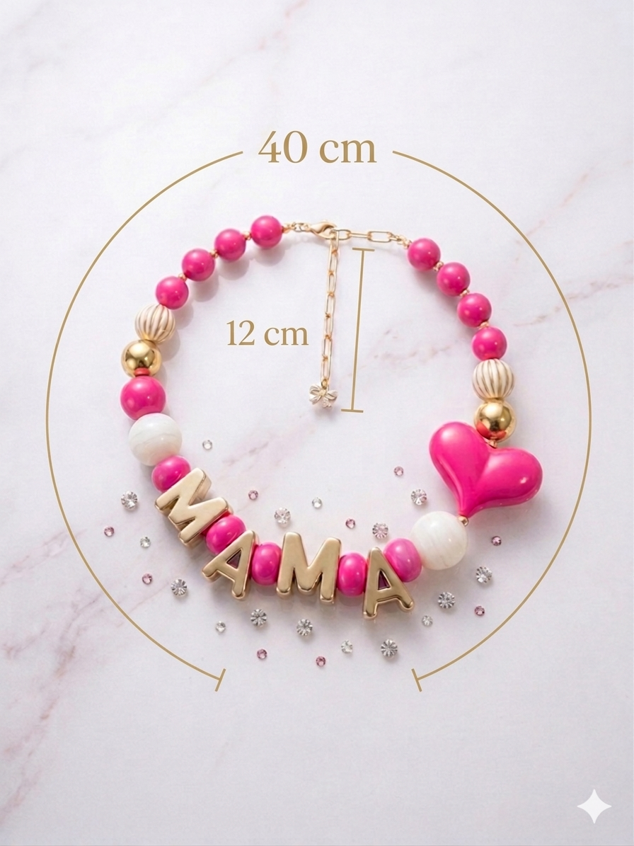 Collar Bolas Laminadas, Letras 3D y Corazón Fucsia. - Imagen 3