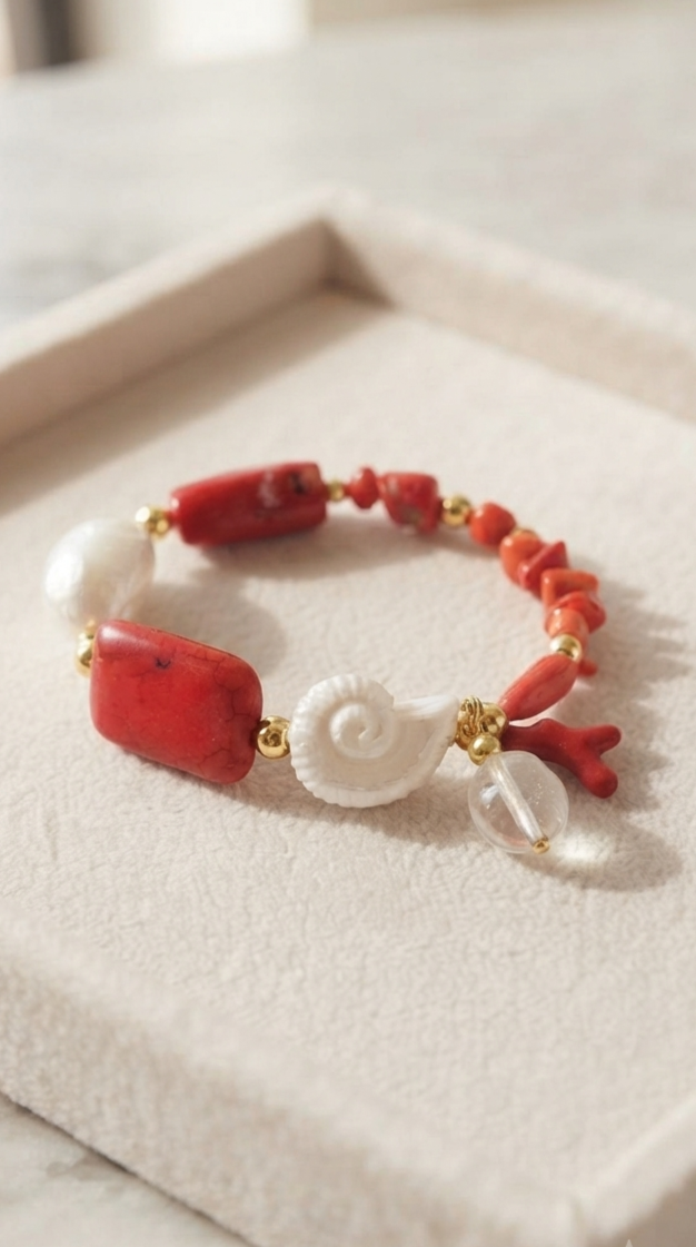 Pulsera “Coral Nautilus” con Caracola Cerámica y Perla Barroca - Imagen 2