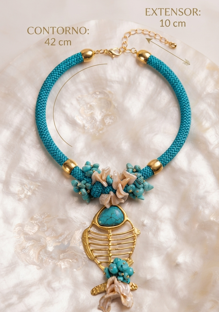 Collar “Turquoise Fish” con Pez Dorado, Turquesas y Nácar - Imagen 3