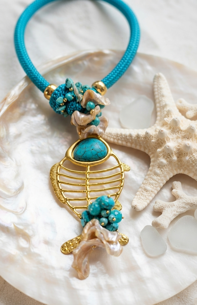Collar “Turquoise Fish” con Pez Dorado, Turquesas y Nácar - Imagen 2