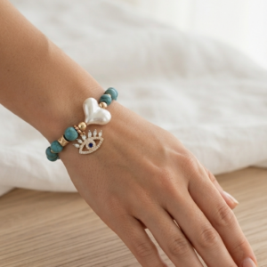 Pulsera “Turquoise Heart” con Perla Corazón y Charm de Cristales
