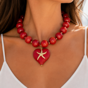 Collar “Red Starfish Heart” con Corazón de Turquesa y Estrella de Mar