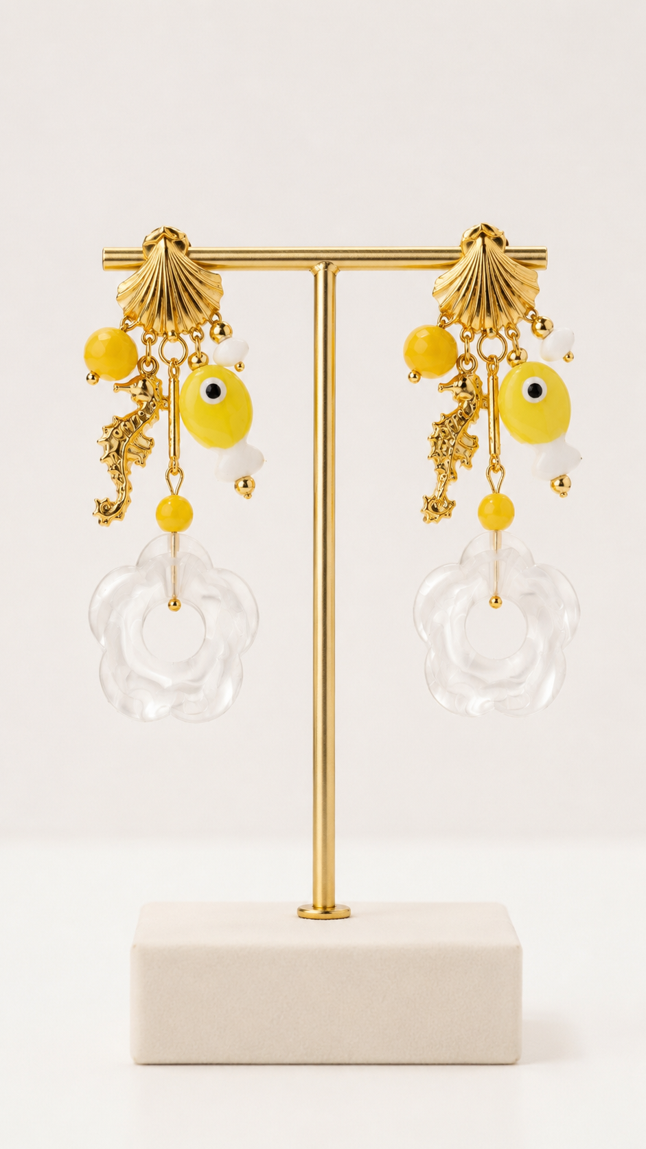 Pendientes “Lemon Seahorse Shell” con Pez, Caballito de Mar y Flor Marina - Imagen 2