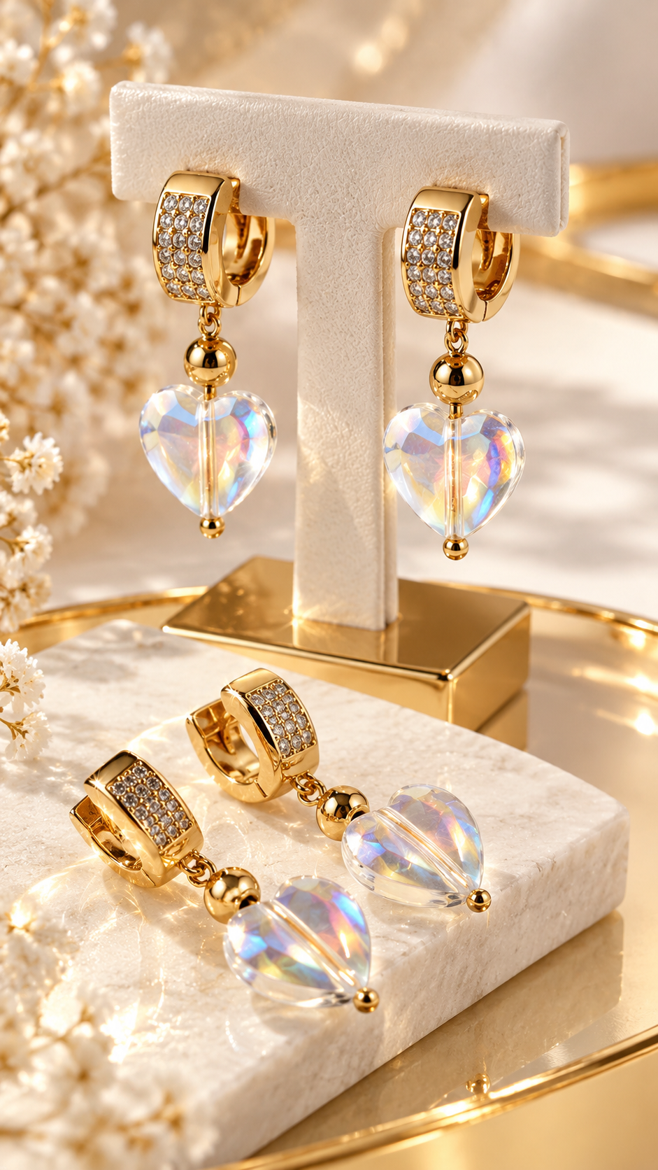 Pendientes “Golden White Quartz Heart” con Cuarzo Blanco Facetado - Imagen 2
