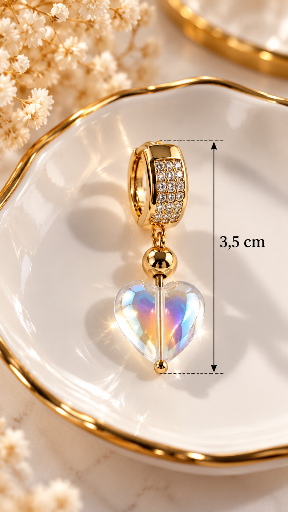 Pendientes “Golden White Quartz Heart” con Cuarzo Blanco Facetado - Imagen 3