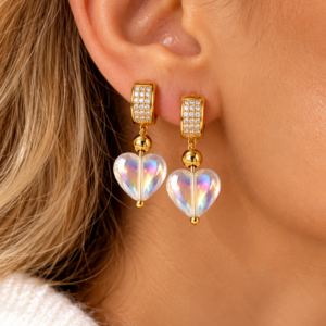Pendientes “Golden White Quartz Heart” con Cuarzo Blanco Facetado