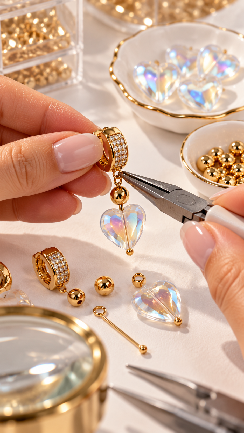 Pendientes “Golden White Quartz Heart” con Cuarzo Blanco Facetado - Imagen 4