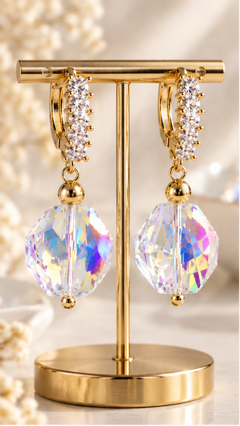 Pendientes “Golden Aurora Crystal” con Cristal Facetado Irisado - Imagen 2
